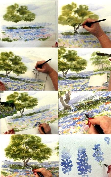 Painting bluebonnets and Live oaks in watercolor video examples
